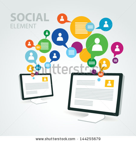 Elementos sociales, dos ordenadores compartiendo información de distintos usuarios.